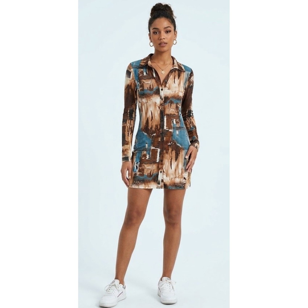 12th Tribe Womens XS Mesh Mini Dress Shirt Long Sleeve Button Down Abstract NWOT
